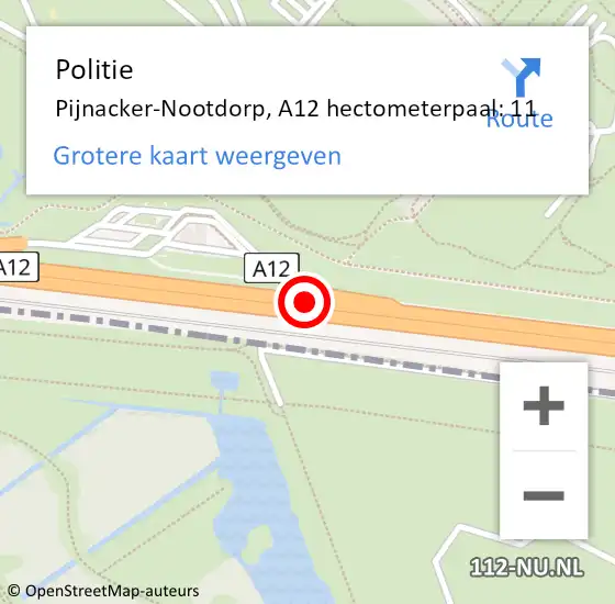 Locatie op kaart van de 112 melding: Politie Pijnacker-Nootdorp, A12 hectometerpaal: 11 op 26 augustus 2021 12:16
