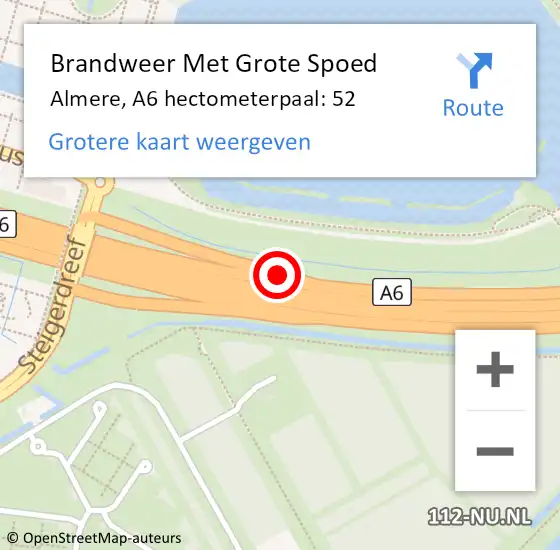 Locatie op kaart van de 112 melding: Brandweer Met Grote Spoed Naar Almere, A6 hectometerpaal: 52 op 26 augustus 2021 12:39
