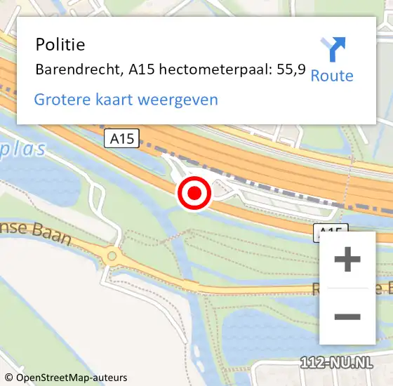 Locatie op kaart van de 112 melding: Politie Barendrecht, A15 hectometerpaal: 55,9 op 26 augustus 2021 12:50