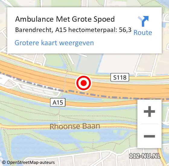 Locatie op kaart van de 112 melding: Ambulance Met Grote Spoed Naar Barendrecht, A15 hectometerpaal: 56,3 op 26 augustus 2021 12:51