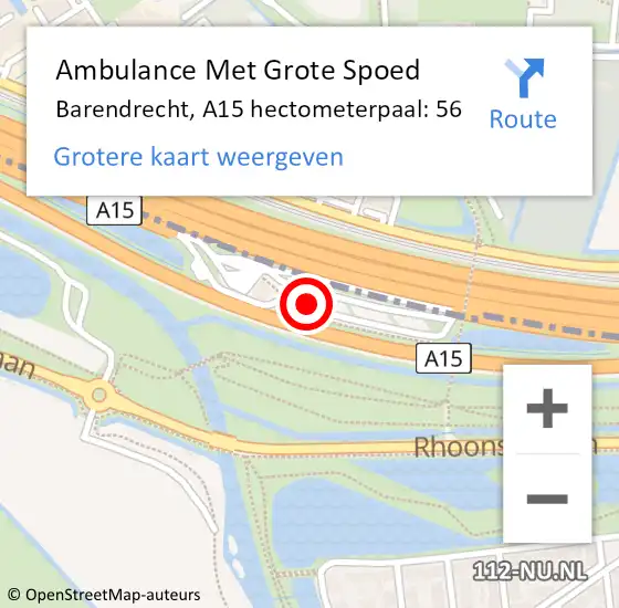 Locatie op kaart van de 112 melding: Ambulance Met Grote Spoed Naar Barendrecht, A15 hectometerpaal: 56 op 26 augustus 2021 12:54