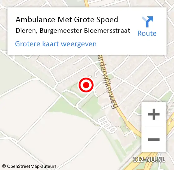 Locatie op kaart van de 112 melding: Ambulance Met Grote Spoed Naar Dieren, Burgemeester Bloemersstraat op 26 augustus 2021 13:00