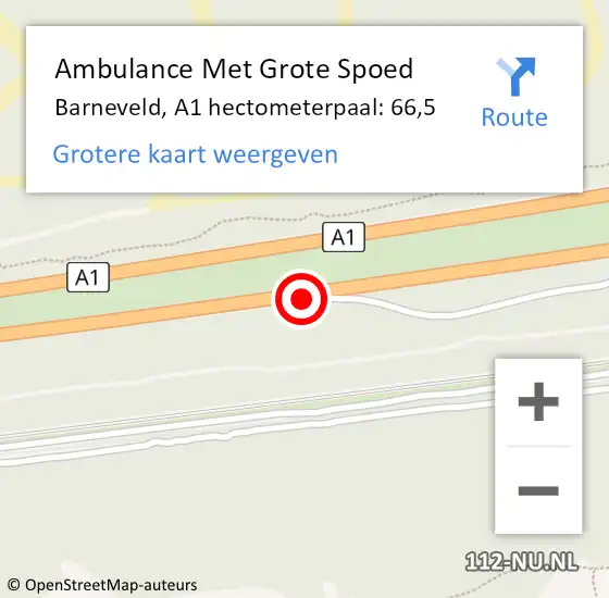 Locatie op kaart van de 112 melding: Ambulance Met Grote Spoed Naar Barneveld, A1 hectometerpaal: 66,5 op 26 augustus 2021 13:40