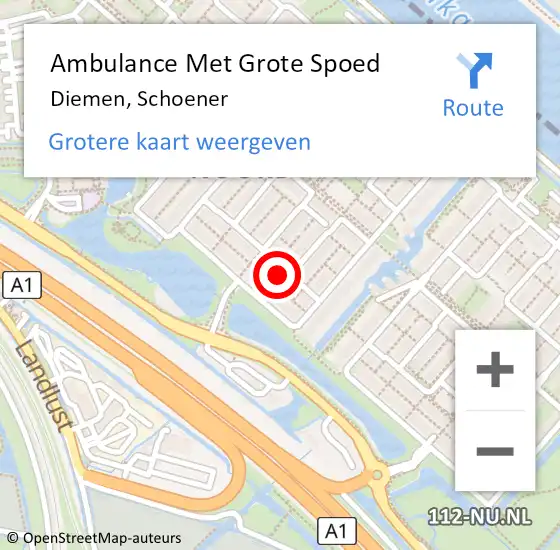 Locatie op kaart van de 112 melding: Ambulance Met Grote Spoed Naar Diemen, Schoener op 26 augustus 2021 14:44