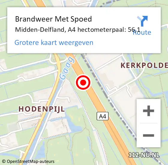 Locatie op kaart van de 112 melding: Brandweer Met Spoed Naar Midden-Delfland, A4 hectometerpaal: 56,1 op 26 augustus 2021 14:47