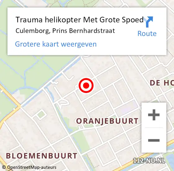 Locatie op kaart van de 112 melding: Trauma helikopter Met Grote Spoed Naar Culemborg, Prins Bernhardstraat op 26 augustus 2021 15:18