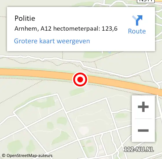 Locatie op kaart van de 112 melding: Politie Arnhem, A12 hectometerpaal: 123,6 op 26 augustus 2021 15:18