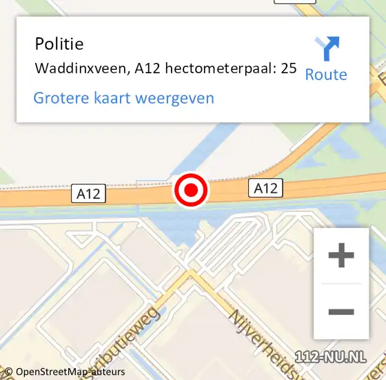 Locatie op kaart van de 112 melding: Politie Waddinxveen, A12 hectometerpaal: 25 op 26 augustus 2021 15:32