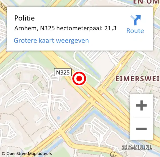 Locatie op kaart van de 112 melding: Politie Arnhem, N325 hectometerpaal: 21,3 op 26 augustus 2021 22:35