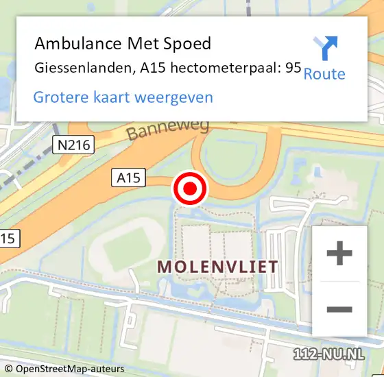 Locatie op kaart van de 112 melding: Ambulance Met Spoed Naar Giessenlanden, A15 hectometerpaal: 95 op 27 augustus 2021 03:37