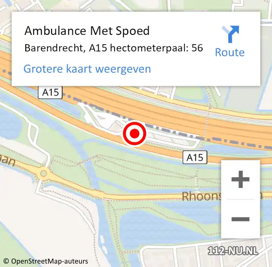 Locatie op kaart van de 112 melding: Ambulance Met Spoed Naar Barendrecht, A15 hectometerpaal: 56 op 27 augustus 2021 06:56