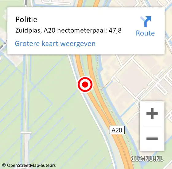 Locatie op kaart van de 112 melding: Politie Zuidplas, A20 hectometerpaal: 47,8 op 27 augustus 2021 07:17