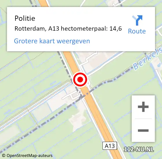 Locatie op kaart van de 112 melding: Politie Rotterdam, A13 hectometerpaal: 14,6 op 27 augustus 2021 08:23