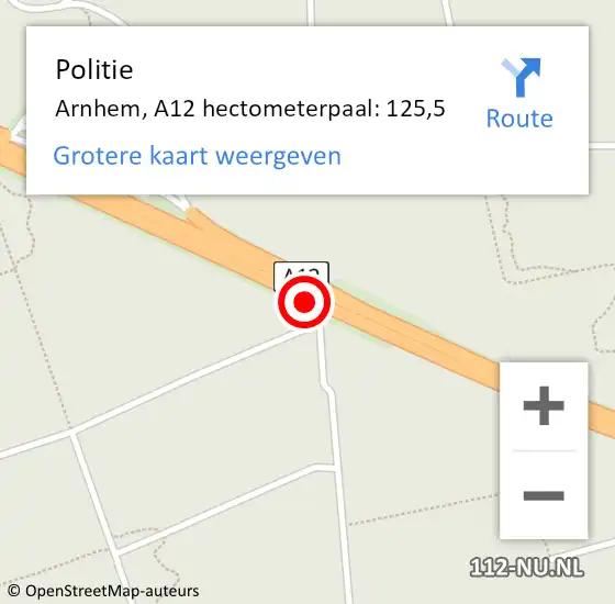 Locatie op kaart van de 112 melding: Politie Arnhem, A12 hectometerpaal: 125,5 op 27 augustus 2021 08:29