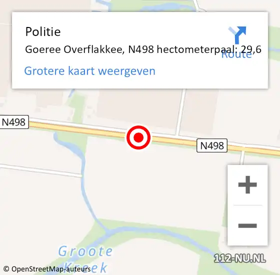 Locatie op kaart van de 112 melding: Politie Goeree Overflakkee, N498 hectometerpaal: 29,6 op 27 augustus 2021 10:00