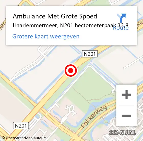 Locatie op kaart van de 112 melding: Ambulance Met Grote Spoed Naar Haarlemmermeer, N201 hectometerpaal: 33,8 op 27 augustus 2021 10:51