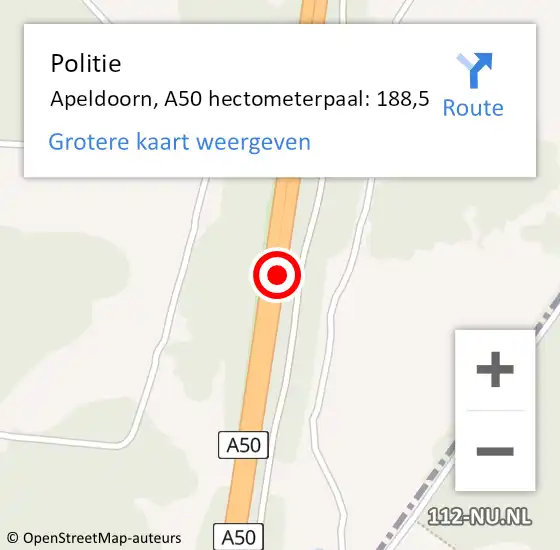 Locatie op kaart van de 112 melding: Politie Apeldoorn, A50 hectometerpaal: 188,5 op 27 augustus 2021 12:04