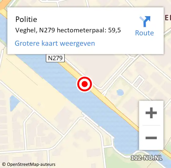 Locatie op kaart van de 112 melding: Politie Veghel, N279 hectometerpaal: 59,5 op 27 augustus 2021 12:18