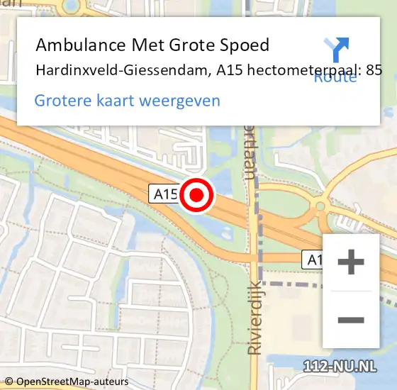 Locatie op kaart van de 112 melding: Ambulance Met Grote Spoed Naar Hardinxveld-Giessendam, A15 hectometerpaal: 85 op 27 augustus 2021 14:01