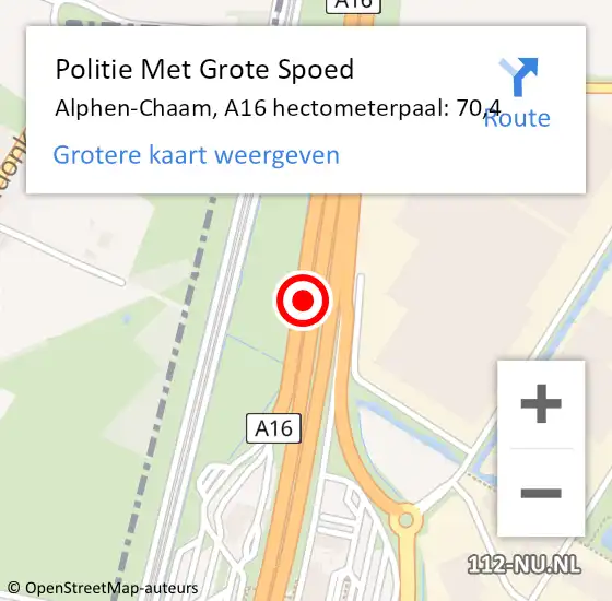Locatie op kaart van de 112 melding: Politie Met Grote Spoed Naar Breda, A16 hectometerpaal: 70,4 op 27 augustus 2021 14:53