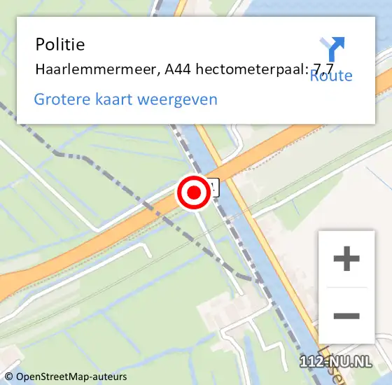 Locatie op kaart van de 112 melding: Politie Haarlemmermeer, A44 hectometerpaal: 7,7 op 27 augustus 2021 15:04