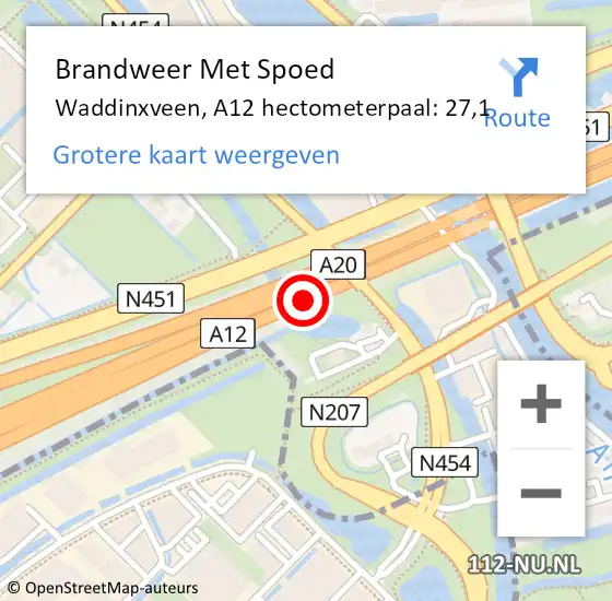 Locatie op kaart van de 112 melding: Brandweer Met Spoed Naar Waddinxveen, A12 hectometerpaal: 27,1 op 27 augustus 2021 15:24