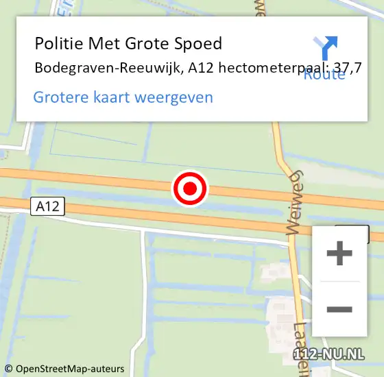 Locatie op kaart van de 112 melding: Politie Met Grote Spoed Naar Bodegraven-Reeuwijk, A12 hectometerpaal: 37,7 op 27 augustus 2021 15:53