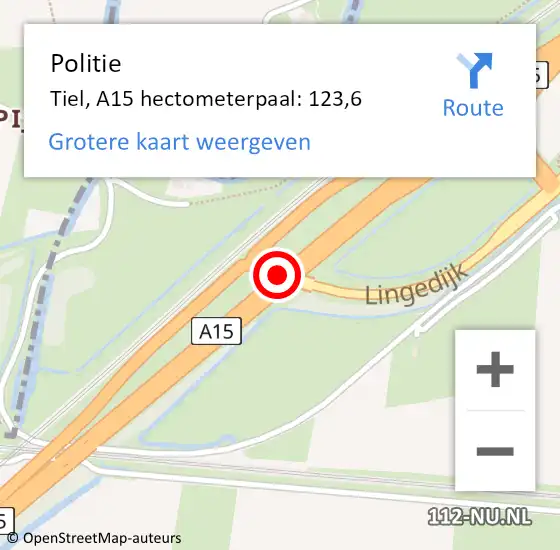 Locatie op kaart van de 112 melding: Politie Tiel, A15 hectometerpaal: 123,6 op 27 augustus 2021 16:05