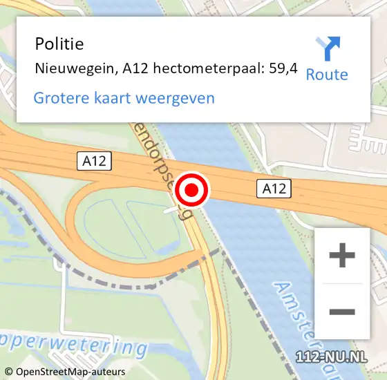 Locatie op kaart van de 112 melding: Politie Nieuwegein, A12 hectometerpaal: 59,4 op 27 augustus 2021 16:19