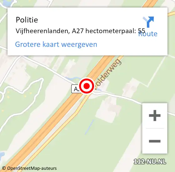 Locatie op kaart van de 112 melding: Politie Zederik, A27 hectometerpaal: 55 op 27 augustus 2021 17:27