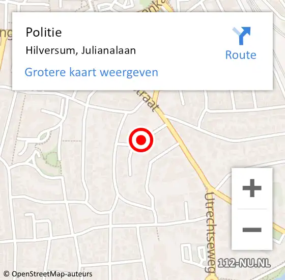 Locatie op kaart van de 112 melding: Politie Hilversum, Julianalaan op 27 augustus 2021 17:44