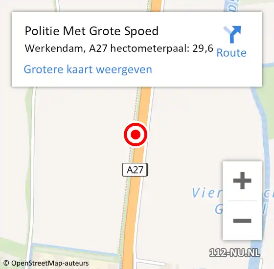 Locatie op kaart van de 112 melding: Politie Met Grote Spoed Naar Werkendam, A27 hectometerpaal: 29,6 op 27 augustus 2021 18:15