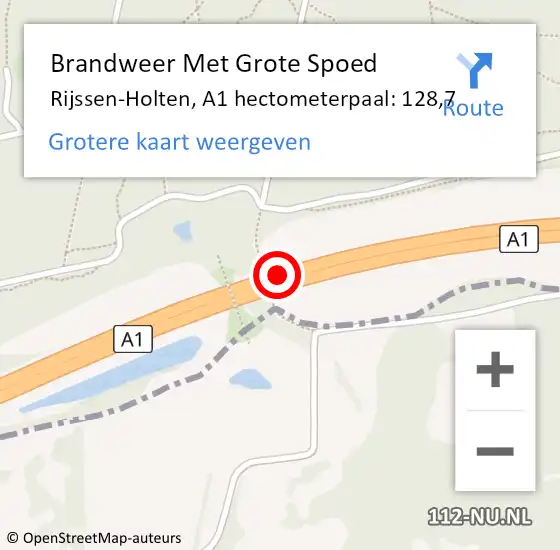 Locatie op kaart van de 112 melding: Brandweer Met Grote Spoed Naar Rijssen-Holten, A1 hectometerpaal: 128,7 op 27 augustus 2021 18:18