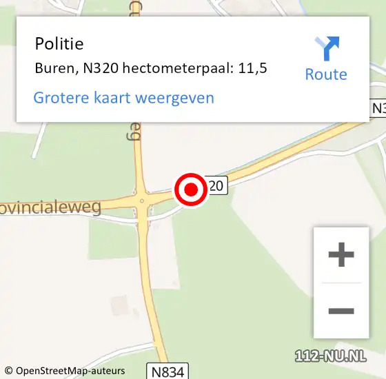 Locatie op kaart van de 112 melding: Politie Buren, N320 hectometerpaal: 11,5 op 27 augustus 2021 18:43