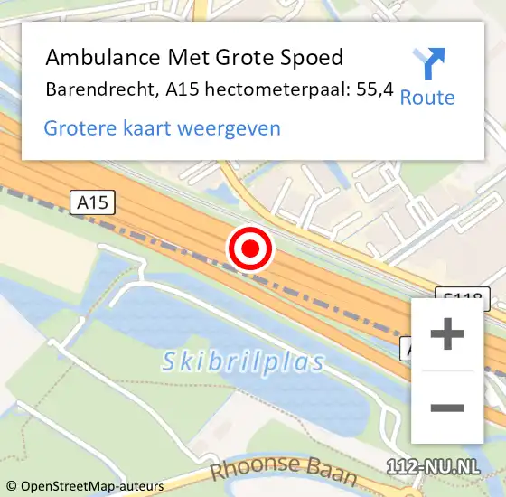 Locatie op kaart van de 112 melding: Ambulance Met Grote Spoed Naar Barendrecht, A15 hectometerpaal: 55,4 op 27 augustus 2021 18:50