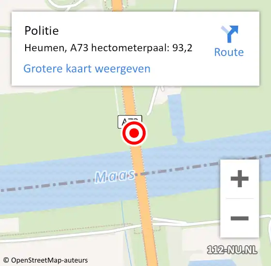 Locatie op kaart van de 112 melding: Politie Heumen, A73 hectometerpaal: 93,2 op 27 augustus 2021 19:30