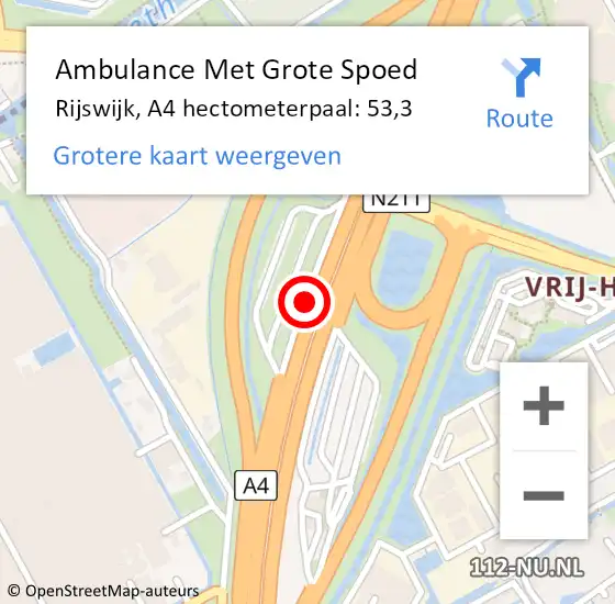 Locatie op kaart van de 112 melding: Ambulance Met Grote Spoed Naar Rijswijk, A4 hectometerpaal: 53,3 op 27 augustus 2021 20:38