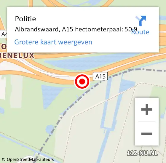 Locatie op kaart van de 112 melding: Politie Albrandswaard, A15 hectometerpaal: 50,9 op 27 augustus 2021 20:52