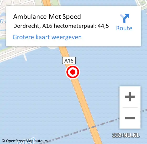 Locatie op kaart van de 112 melding: Ambulance Met Spoed Naar Dordrecht, A16 hectometerpaal: 44,5 op 27 augustus 2021 21:19