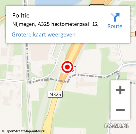 Locatie op kaart van de 112 melding: Politie Nijmegen, A325 hectometerpaal: 12 op 27 augustus 2021 21:57