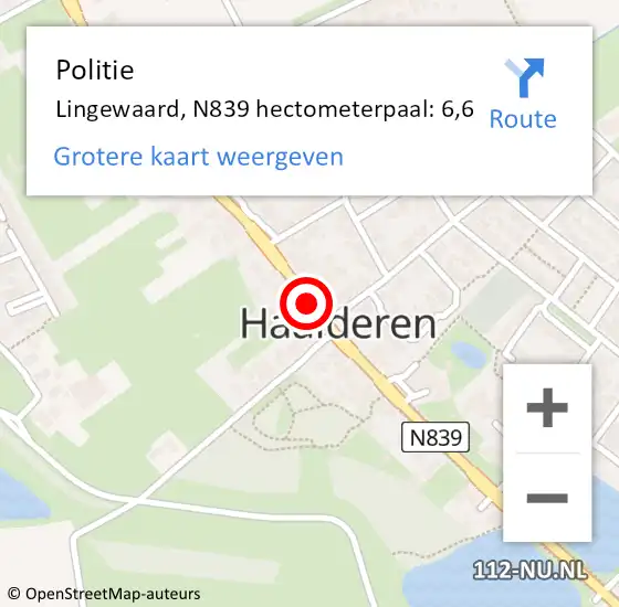 Locatie op kaart van de 112 melding: Politie Lingewaard, N839 hectometerpaal: 6,6 op 27 augustus 2021 23:22