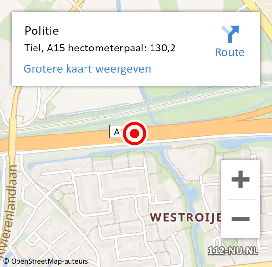 Locatie op kaart van de 112 melding: Politie Tiel, A15 hectometerpaal: 130,2 op 28 augustus 2021 00:00