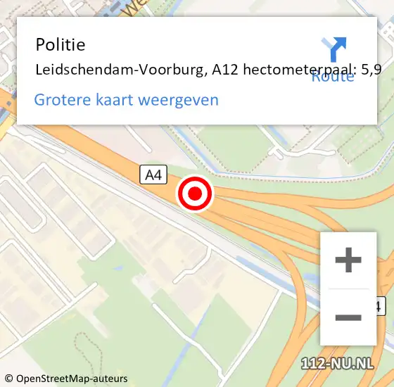 Locatie op kaart van de 112 melding: Politie Den Haag, A12 hectometerpaal: 5,9 op 28 augustus 2021 00:10