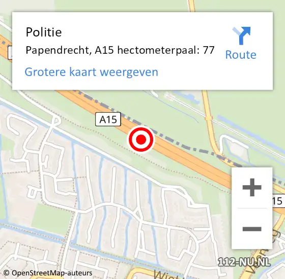 Locatie op kaart van de 112 melding: Politie Papendrecht, A15 hectometerpaal: 77 op 28 augustus 2021 01:19