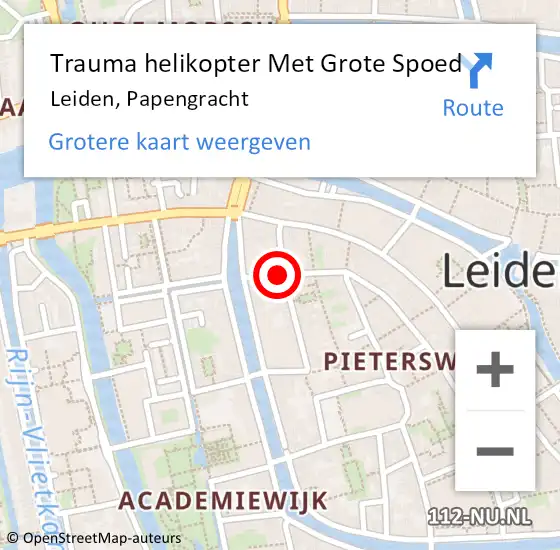 Locatie op kaart van de 112 melding: Trauma helikopter Met Grote Spoed Naar Leiden, Papengracht op 28 augustus 2021 04:00