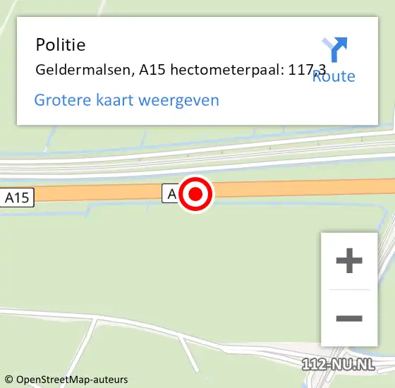 Locatie op kaart van de 112 melding: Politie Geldermalsen, A15 hectometerpaal: 117,3 op 28 augustus 2021 08:52