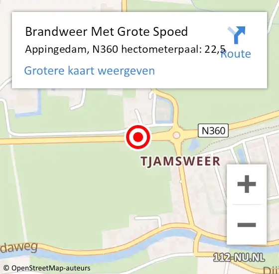 Locatie op kaart van de 112 melding: Brandweer Met Grote Spoed Naar Appingedam, N360 hectometerpaal: 22,5 op 28 augustus 2021 10:17