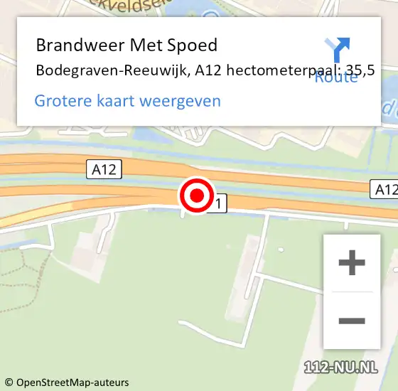 Locatie op kaart van de 112 melding: Brandweer Met Spoed Naar Bodegraven-Reeuwijk, A12 hectometerpaal: 35,5 op 28 augustus 2021 10:35