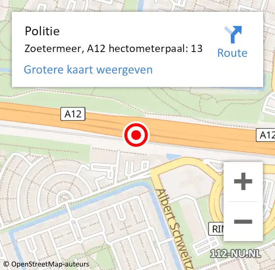 Locatie op kaart van de 112 melding: Politie Zoetermeer, A12 hectometerpaal: 13 op 28 augustus 2021 12:34