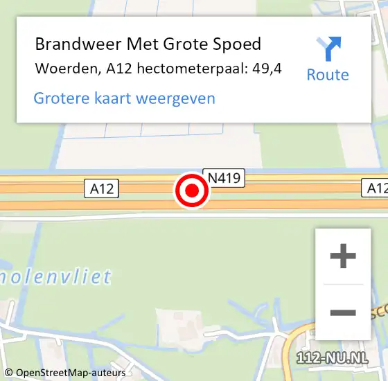 Locatie op kaart van de 112 melding: Brandweer Met Grote Spoed Naar Woerden, A12 hectometerpaal: 49,4 op 28 augustus 2021 12:45